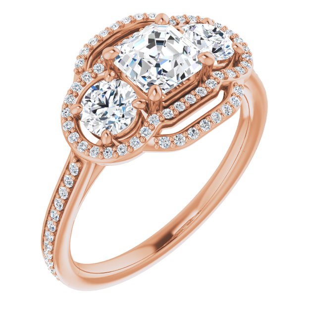 10K Rose Gold Customizable Enhanced 3-stone Double-Halo Style with Asscher Cut Center and Thin Band