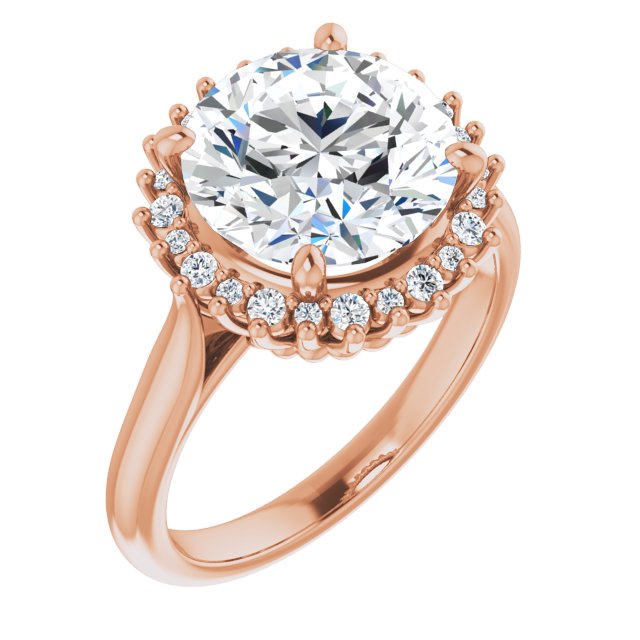 10K Rose Gold Customizable Crown-Cathedral Round Cut Design with Clustered Large-Accent Halo & Ultra-thin Band