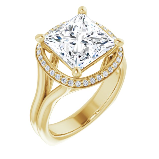 10K Yellow Gold Customizable Princess/Square Cut Style with Halo, Wide Split Band and Euro Shank
