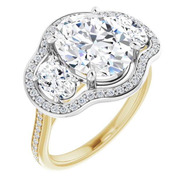 14K Yellow & White Gold Customizable Oval Cut Style with Oval Cut Accents, 3-stone Halo & Thin Shared Prong Band
