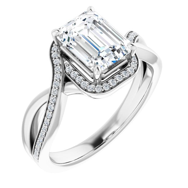 Cubic Zirconia Engagement Ring- The Ananya (Customizable Bypass-Halo-Accented Emerald Cut Center with Twisting Split Shared Prong Band)