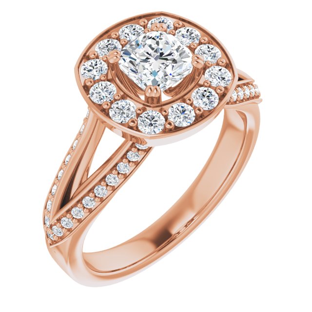 10K Rose Gold Customizable Cushion Cut Center with Large-Accented Halo and Split Shared Prong Band