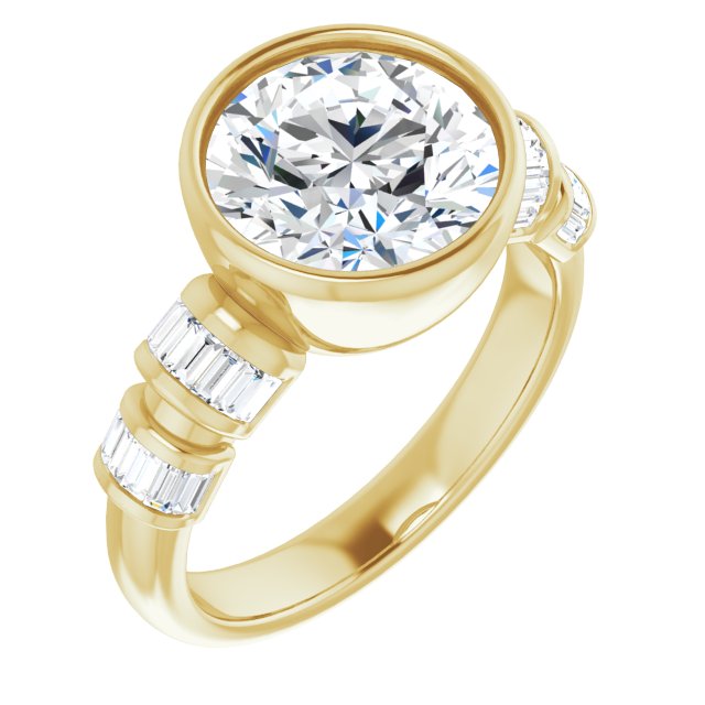 10K Yellow Gold Customizable Bezel-set Round Cut Design with Quad Horizontal Band Sleeves of Baguette Accents
