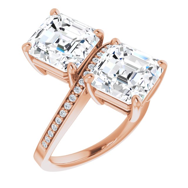 10K Rose Gold Customizable 2-stone Asscher Cut Bypass Design with Thin Twisting Shared Prong Band