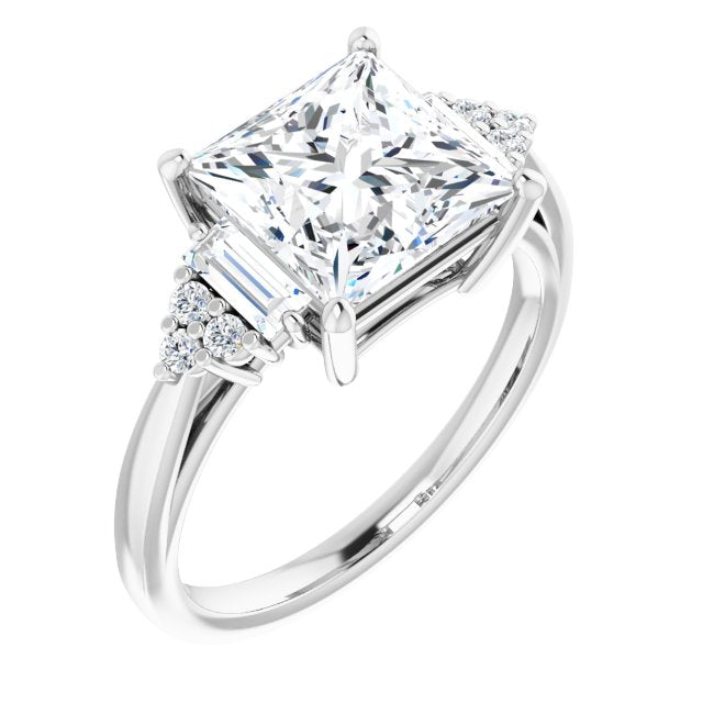 10K White Gold Customizable 9-stone Design with Princess/Square Cut Center, Side Baguettes and Tri-Cluster Round Accents