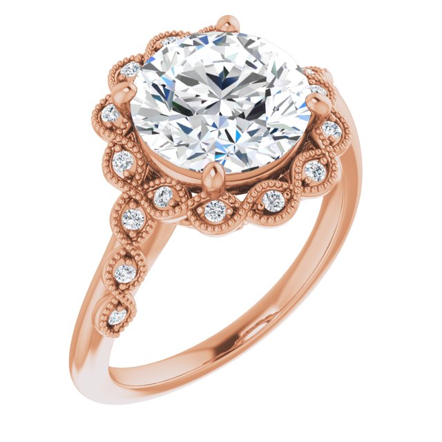18K Rose Gold Customizable 3-stone Design with Round Cut Center and Halo Enhancement