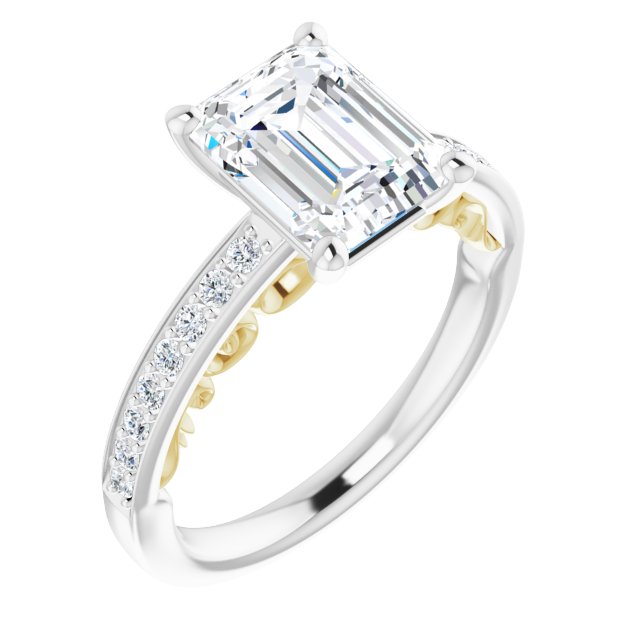14K White & Yellow Gold Customizable Emerald/Radiant Cut Design featuring 3-Sided Infinity Trellis and Round-Channel Accented Band