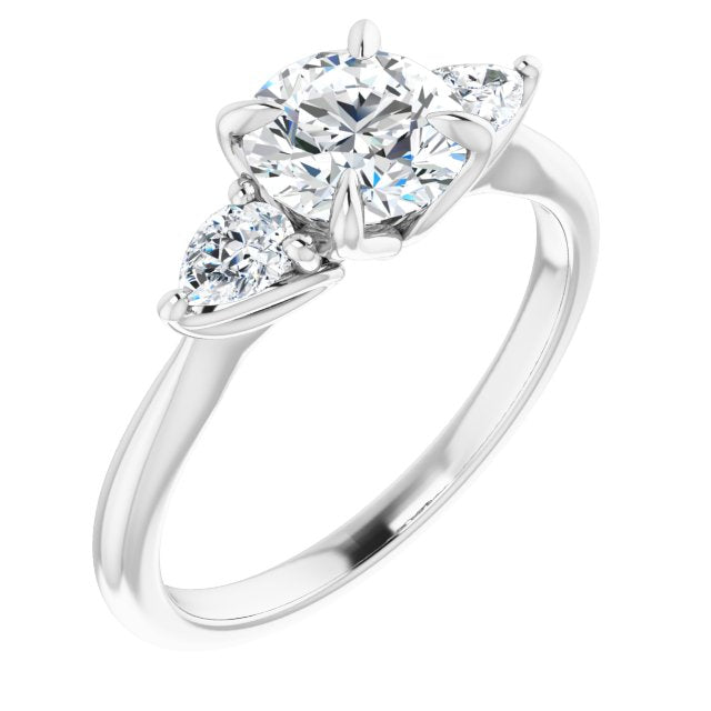 10K White Gold Customizable 3-stone Design with Round Cut Center and Dual Large Pear Side Stones