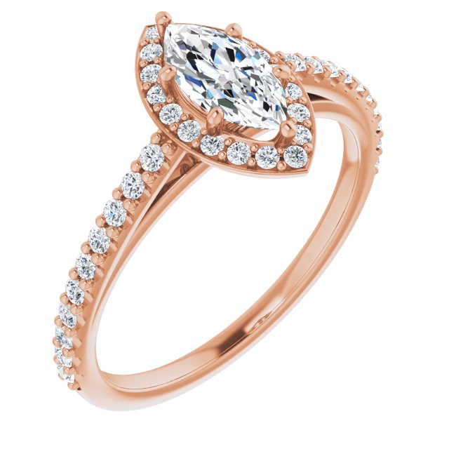 10K Rose Gold Customizable Marquise Cut Design with Halo and Thin Pavé Band