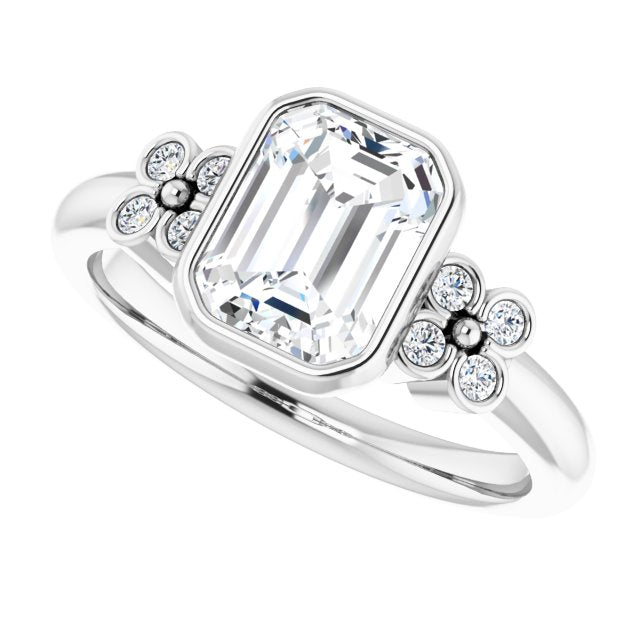 Cubic Zirconia Engagement Ring- The Kjerstin Rose (Customizable 9-stone Bezel-set Radiant Cut Design with Quad Round Bezel Side Stones Each Side)