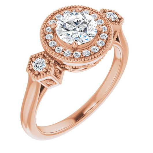 10K Rose Gold Customizable Cathedral Round Cut Design with Halo and Delicate Milgrain