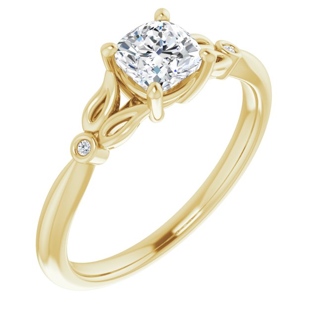 10K Yellow Gold Customizable 3-stone Cushion Cut Design with Thin Band and Twin Round Bezel Side Stones