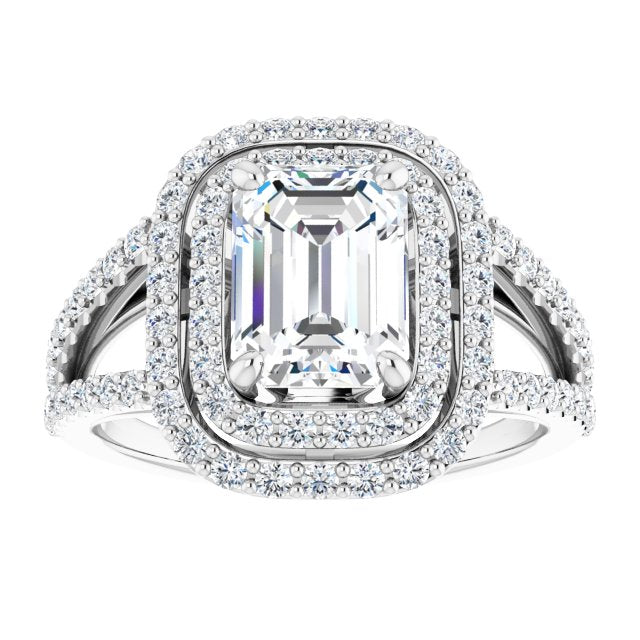 Cubic Zirconia Engagement Ring- The Carly Anne (Customizable Emerald Cut Design with Double Halo and Wide Split-Pavé Band)