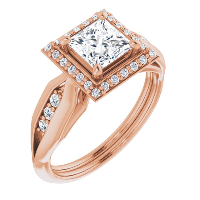 10K Rose Gold Customizable Cathedral-raised Princess/Square Cut Design with Halo and Tri-Cluster Band Accents