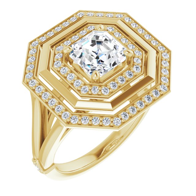 10K Yellow Gold Customizable Asscher Cut Oversized 2x Halo Style with Knuckle Accented Split Band