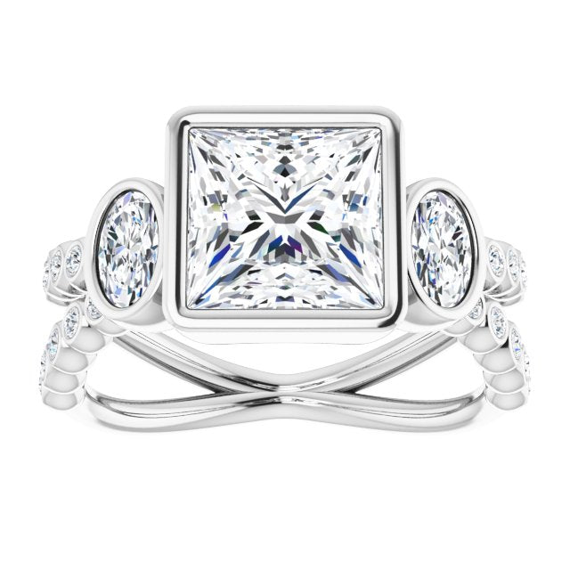 Cubic Zirconia Engagement Ring- The Tamanna (Customizable Bezel-set Princess/Square Cut Design with Dual Bezel-Oval Accents and Round-Bezel Accented Split Band)