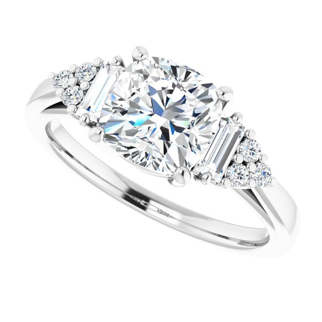 Cubic Zirconia Engagement Ring- The Barb (Customizable 9-stone Design with Cushion Cut Center, Side Baguettes and Tri-Cluster Round Accents)