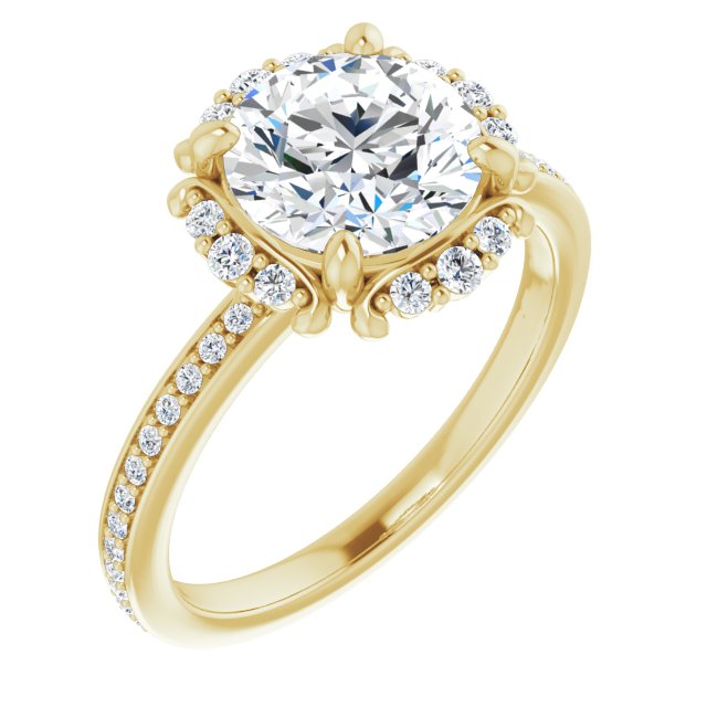 18K Yellow Gold Customizable Round Cut Style with Halo and Thin Shared Prong Band