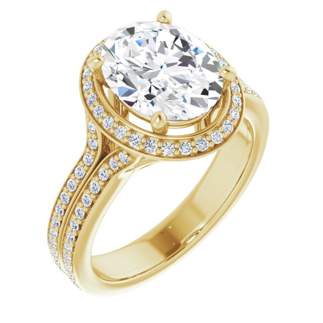 10K Yellow Gold Customizable Cathedral-raised Oval Cut Setting with Halo and Shared Prong Band