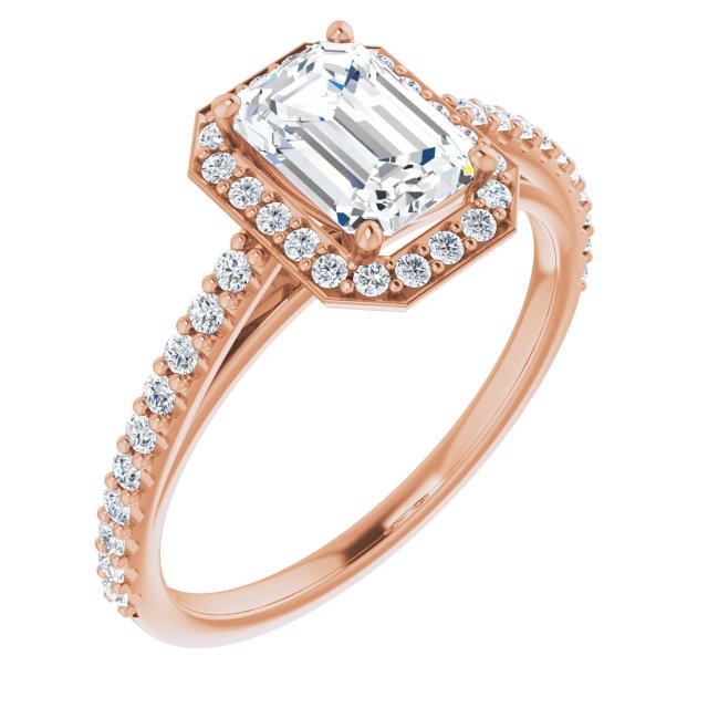 10K Rose Gold Customizable Emerald/Radiant Cut Design with Halo and Thin Pavé Band