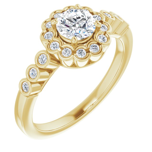 10K Yellow Gold Customizable Round Cut Design with Round-bezel Halo and Band Accents