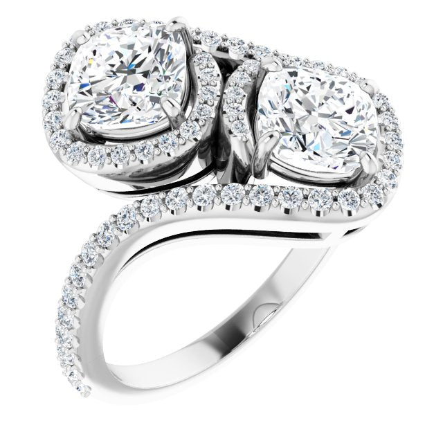 10K White Gold Customizable Double Cushion Cut 2-Stone Style Enhanced with Accented Artisan Bypass Band