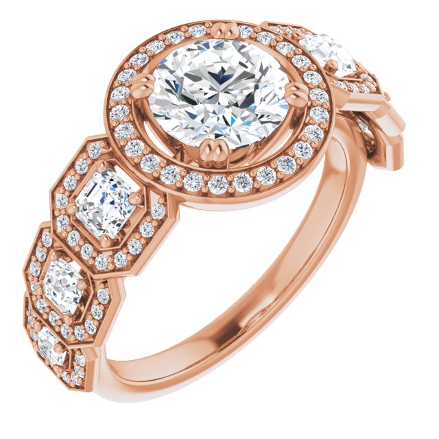 10K Rose Gold Customizable Cathedral-Halo Round Cut Design with Six Halo-surrounded Asscher Cut Accents and Ultra-wide Band