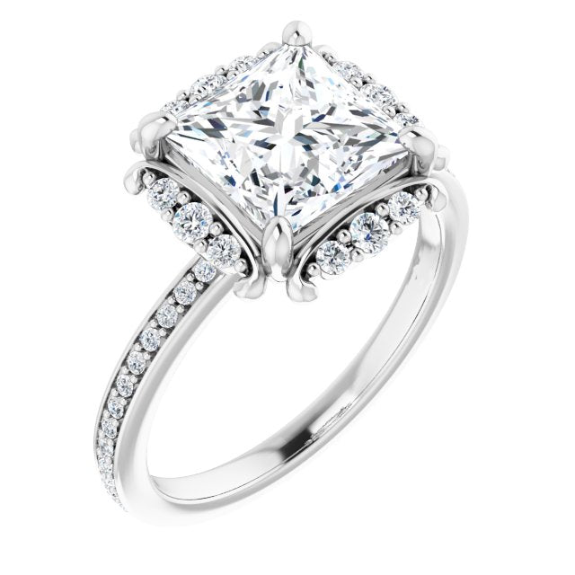 Cubic Zirconia Engagement Ring- The Agatha (Customizable Princess/Square Cut Style with Halo and Thin Shared Prong Band)