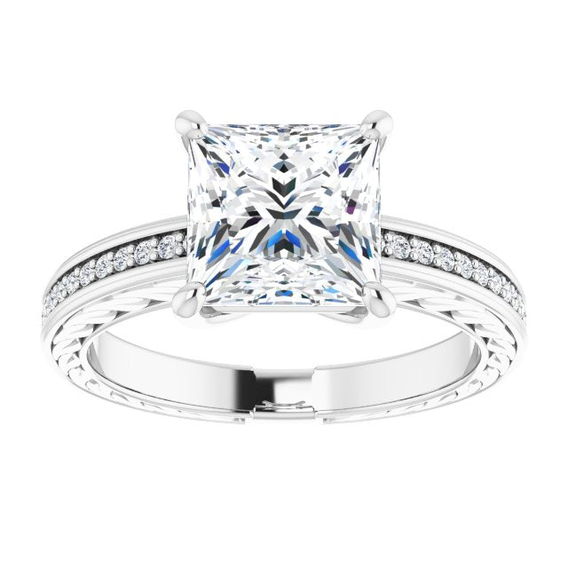 Cubic Zirconia Engagement Ring- The Angie (Customizable Princess/Square Cut Design with Rope-Filigree Hammered Inlay & Round Channel Accents)