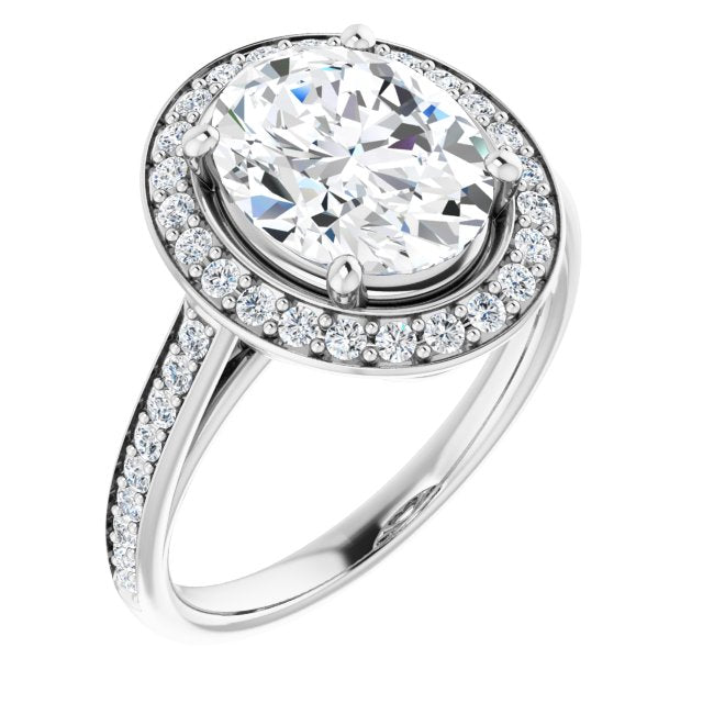 10K White Gold Customizable Cathedral-raised Oval Cut Halo-and-Accented Band Design