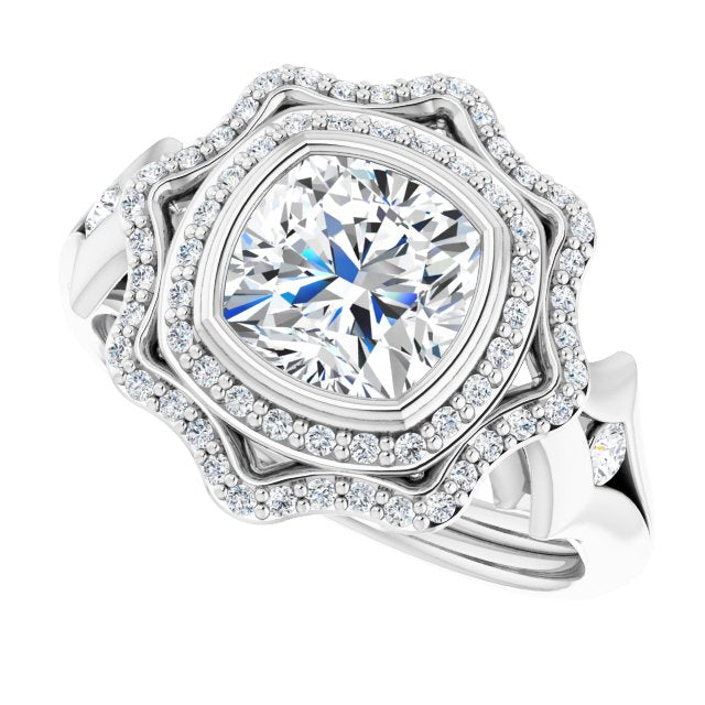 Cubic Zirconia Engagement Ring- The Cyra (Customizable Cathedral-bezel Cushion Cut Design with Floral Double Halo and Channel-Accented Split Band)