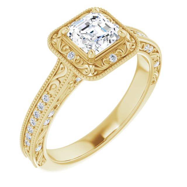 10K Yellow Gold Customizable Vintage Artisan Asscher Cut Design with 3-Sided Filigree and Side Inlay Accent Enhancements