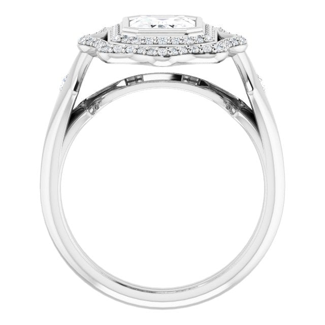 Cubic Zirconia Engagement Ring- The Cyra (Customizable Cathedral-bezel Emerald Cut Design with Floral Double Halo and Channel-Accented Split Band)