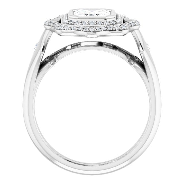 Cubic Zirconia Engagement Ring- The Cyra (Customizable Cathedral-bezel Radiant Cut Design with Floral Double Halo and Channel-Accented Split Band)