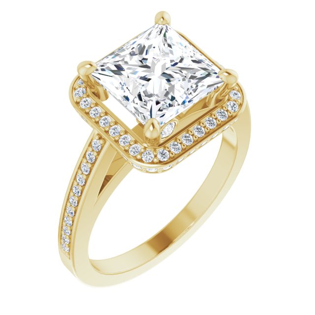 10K Yellow Gold Customizable Cathedral-set Princess/Square Cut Design with Halo, Thin Pavé Band & Round-Bezel Peekaboos