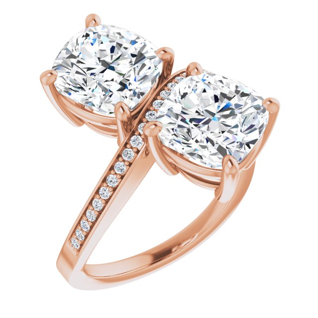 10K Rose Gold Customizable 2-stone Cushion Cut Bypass Design with Thin Twisting Shared Prong Band