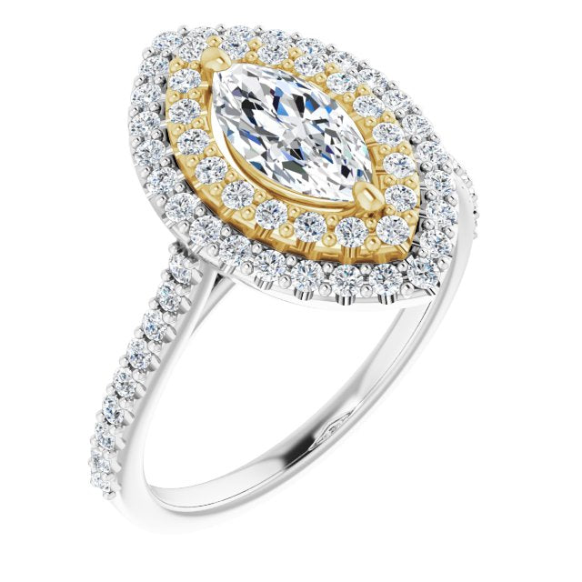 14K White & Yellow Gold Customizable Double-Halo Marquise Cut Design with Accented Split Band