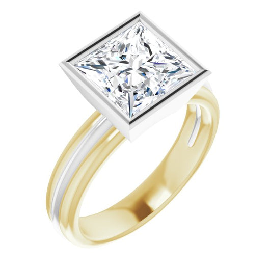 14K Yellow & White Gold Customizable Bezel-set Princess/Square Cut Solitaire with Grooved Band