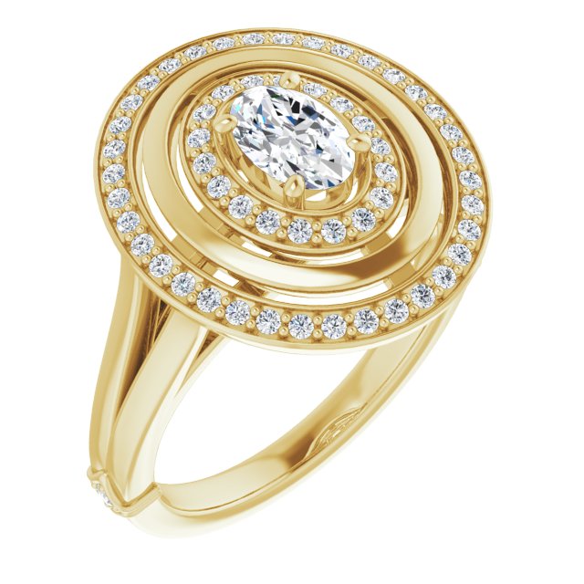 14K Yellow Gold Customizable Oval Cut Oversized 2x Halo Style with Knuckle Accented Split Band
