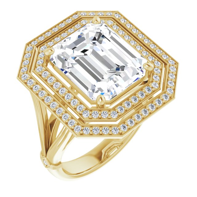 10K Yellow Gold Customizable Cathedral-set Emerald/Radiant Cut Design with Double Halo, Wide Split Band and Side Knuckle Accents