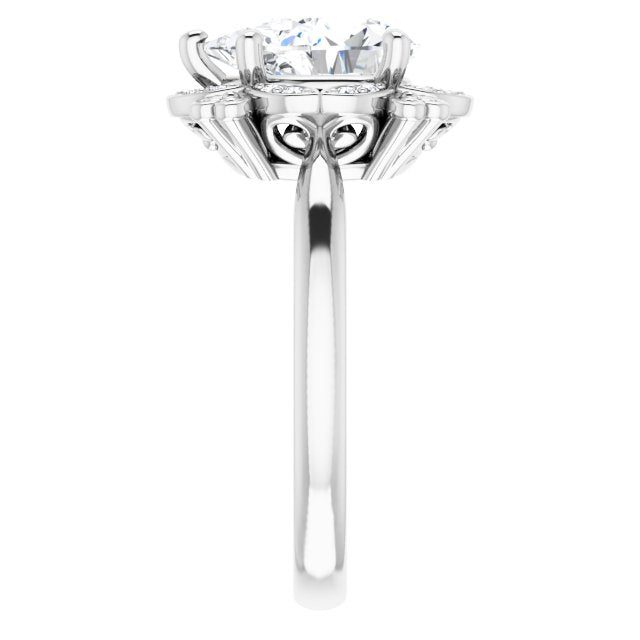 Cubic Zirconia Engagement Ring- The Hé Zhang (Customizable Pear Cut Design with Floral Segmented Halo & Sculptural Basket)