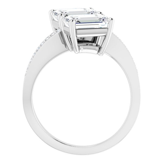 Cubic Zirconia Engagement Ring- The Ellie (Customizable 2-stone Emerald Cut Bypass Design with Thin Twisting Shared Prong Band)