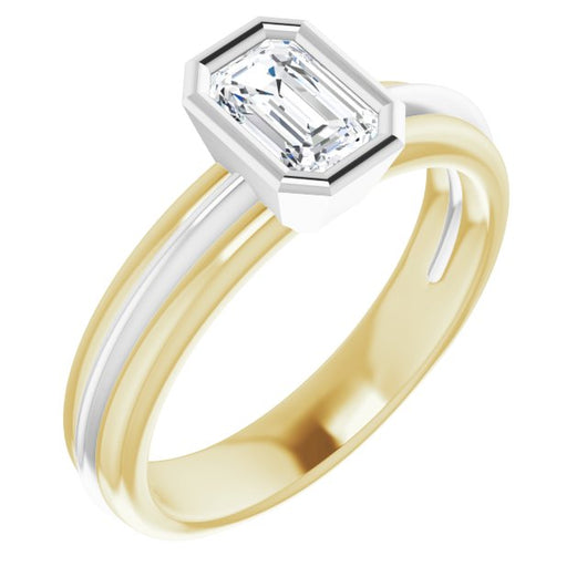 14K Yellow & White Gold Customizable Bezel-set Emerald/Radiant Cut Solitaire with Grooved Band