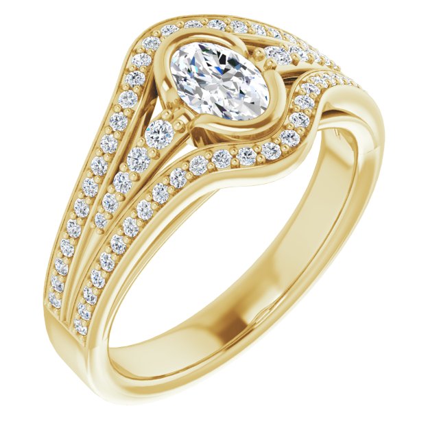 10K Yellow Gold Customizable Cathedral-Bezel Oval Cut Design with Wide Triple-Split-Pavé Band