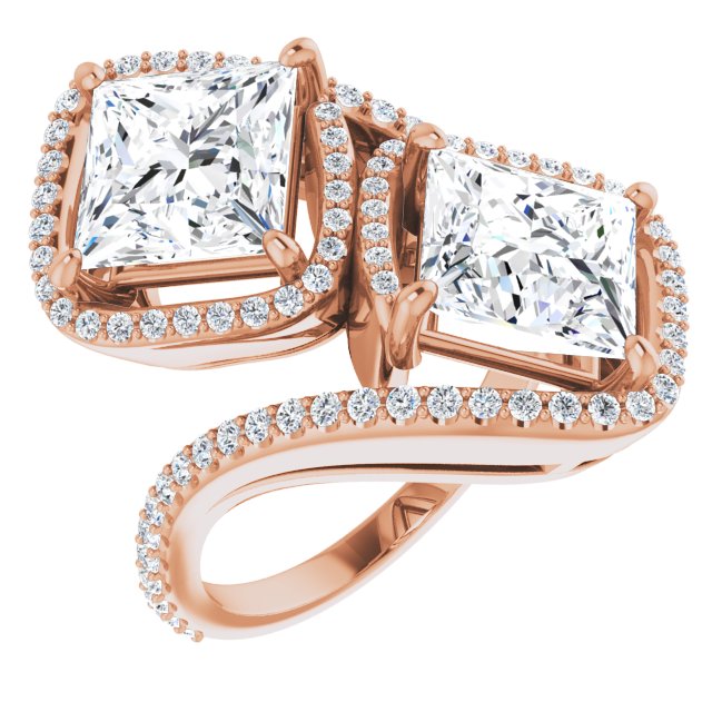 10K Rose Gold Customizable Double Princess/Square Cut 2-Stone Style Enhanced with Accented Artisan Bypass Band