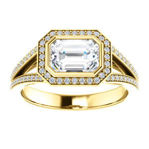 Cubic Zirconia Engagement Ring- The Kay Adaira (Customizable Bezel-set Emerald Cut with Halo and Split-Pavé Band)