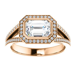 Cubic Zirconia Engagement Ring- The Kay Adaira (Customizable Bezel-set Emerald Cut with Halo and Split-Pavé Band)