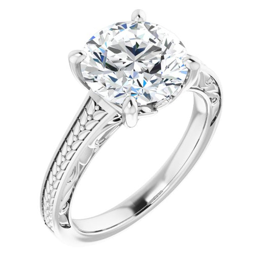 10K White Gold Customizable Round Cut Solitaire with Organic Textured Band and Decorative Prong Basket