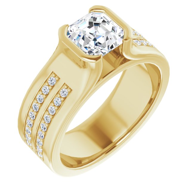10K Yellow Gold Customizable Bezel-set Asscher Cut Design with Thick Band featuring Double-Row Shared Prong Accents