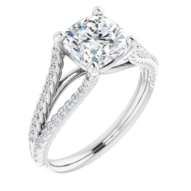 Cubic Zirconia Engagement Ring- The Contessa (Customizable Cushion Cut Style with Split Band and Rope-Pavé)